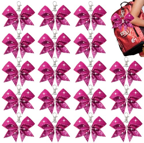 Aileam Glitzernde Cheer Bow Schlüsselanhänger, 18 Stück, Neonrosa, 13 cm - Perfekt für Cheerleader, Senior Cheer Bow Accessoires, Softball, Football, Schule