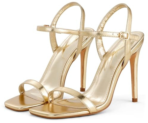 GENSHUO Sandali da donna con punta aperta quadrata e cinturino con tacco a spillo Sandali sexy per feste da matrimonio, Oro, 39 EU