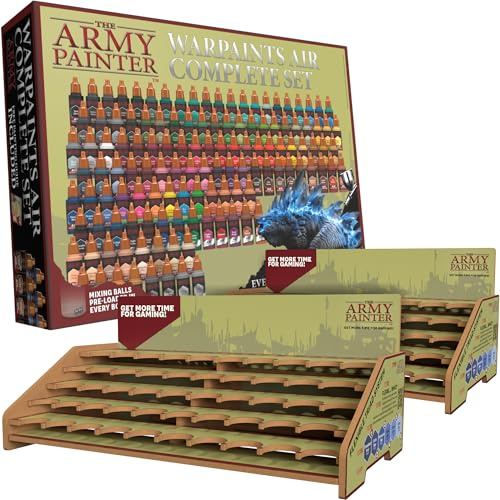 The Army Painter, Warpaints Air Complete Set Combo, 126 x 18ml Peintures Acryliques Prédiluées pour Aérographe, Incl. 18 Métalliques, 6 Fluos & 1 Poste de Travail Projet - Peinture pour Miniatures