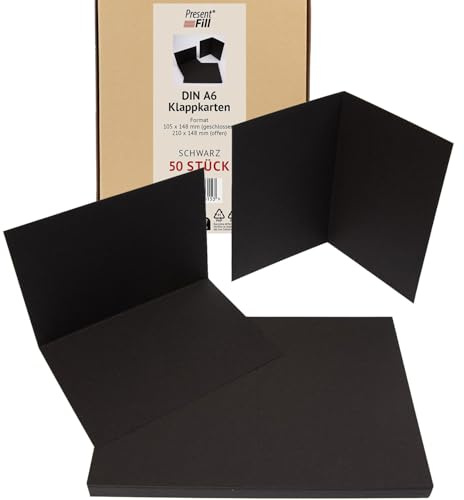 Tarjetas plegables en blanco PresentFill® en negro - 50 tarjetas plegables A6, ideales para diseñar, escribir o imprimir sus propias tarjetas - adecuadas para sobres C6
