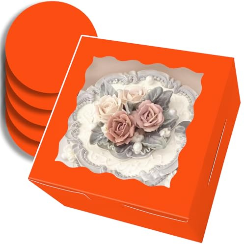 Gcardist Tårtlådor, 5 stycken, 20,3 x 20,3 x 12,7 cm, orange, tårtlådor med fönster och 5 uppsättningar runda plattor på 20,3 cm, kakbehållare på 20,3 cm