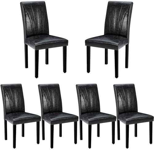 VECELO Upholstered Dining Chairs Set of 6, Modern PU Leather and Solid Wood Legs & High Back, Parsons for Kitchen/Living Room- Black