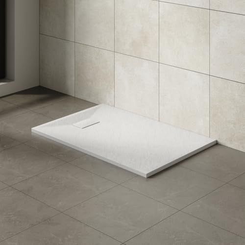 Aquariss SMC Slate Effect Rectangular 1100 x 800 mm Shower Base Tray White | Slimline Anti Slip Shower Tray, Bathroom Wet Room Shower Cubicle Base, for Walk In Shower Door, Durable