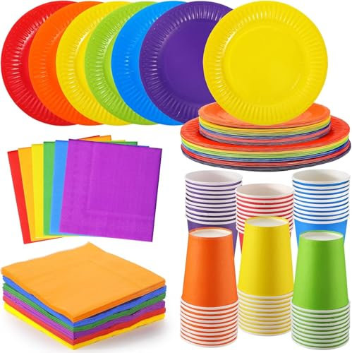 LATERN 120 Pièces Vaisselle Colorée de Fête en Papier, 30 x 23CM Assiettes à Dîner et 18CM Assiettes à Salade, 30 x 270ml Tasses, 30 x 25CM Serviettes - pour Fluo Fiesta Arc-En-Ciel Fête Décoration