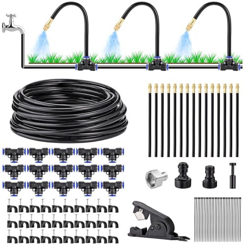 Automatic Drip Irrigation Kit 50FT - DIY Garden Watering System with 15Pcs 360°Adjustable Bendable Brass Mist Nozzles, Faucet Adapter, Hose & Cutters for Greenhouse Yard Cooling Humidifying
