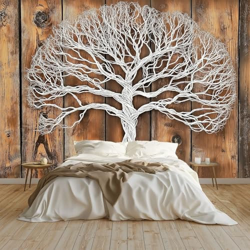 Papel pintado Mural Adhesivo de Pared Árbol De La Vida De Metal Blanco Art Papel Tapiz Fotográfico 350x256 cm Personalizada Catering Papel Tapiz Restaurante Decoración de Fondo Mural, Marrón