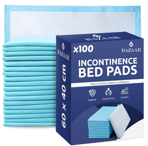 Bazaar 100 x Disposable Incontinence Bed Pads 40 x 60cm – Highly Absorbent Waterproof Bed Sheets for Adults, Elderly, Children & Babies – Bed Wetting Sheets & Bed Protectors for Mattress, Sofa & Chair