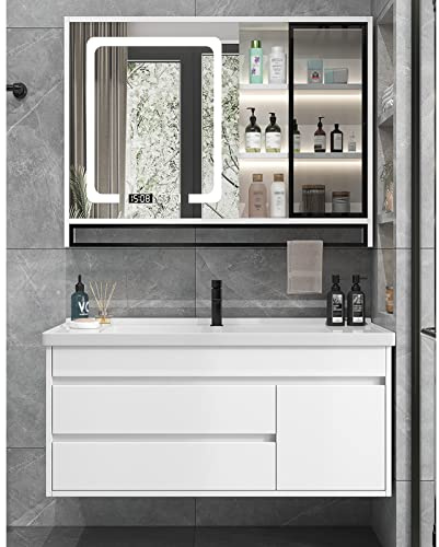 Tocador de baño Moderno Flotante de Madera con Lavabo de cerámica y Espejo de Pared, lavadero, Lavabo de preparación y estación de Lavado (Pared de 70 cm)