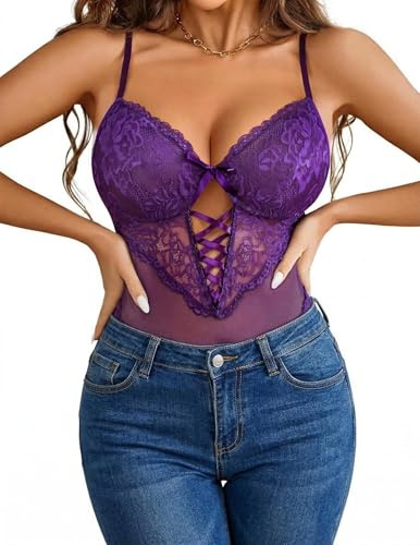 Avidlove Dam spets bodysuit sexiga babydoll bodys nätbody outfit rave bodys i ett stycke v-ringad underkläder, Färg: blå, S
