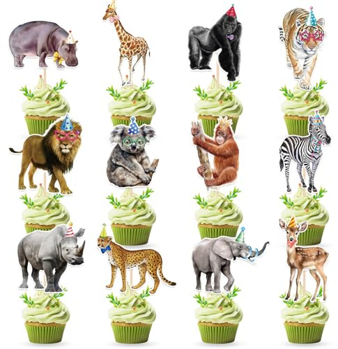 CHarmeFleur 24 PCS Safari Happy Birthday Cupcake Topper Decoraciones para Fiestas de Cumpleaños de Jungle Tema Baby Shower Decoración de Cupcake