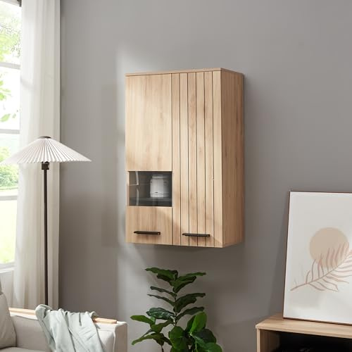 [en.casa] Mobile da Parete a 2 Ante Armadio Pensile a Muro con 8 Scomparti Vani Portaoggetti Ripiani Anta con Finestrella per Bagno Cucina Studio Ingresso 98x60x35 cm - Effetto Rovere