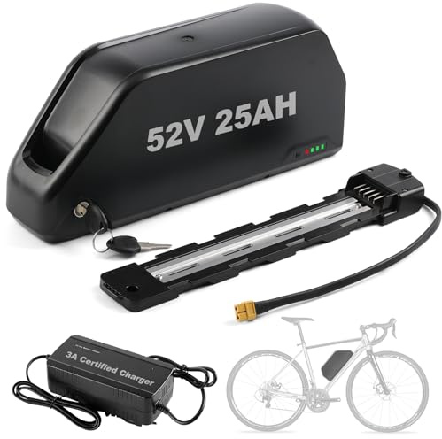52V 25Ah E‑Cykel Batteri Med 3A Laddare, 5‑Pin Monteringsplatta För 250W‑2000W Motor, Hög Kapacitet Hailong Underrör Litiumjonbatteri