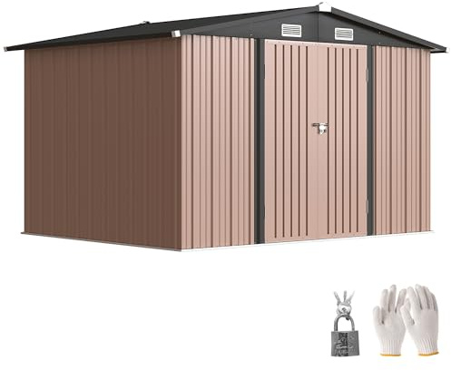 Outsunny Casetta da Giardino 6.9m² in Acciaio Zincato con Prese d'Aria, Capanno da Giardino Porta Attrezzi con Doppia Porta Bloccabile con Chiavi, Tetto Inclinato, Guanti, 305x245x194 cm, Marrone
