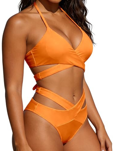 Maillot de Bain Femme 2 pièces Bikini Taille Haute Push up Ventre Plat Sexy Retro Imprimé Rembourré Plage Vacances A65