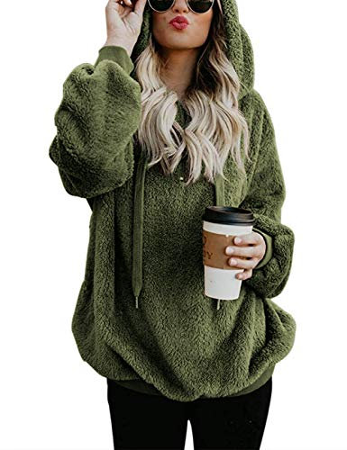 iWoo Fleecepullover Damen Hoodie Teddy-Fleece Pullover Langarmshirt Sweatshirt Mit Kapuze Teddyjacke Damen(Armee Grün,XXL)