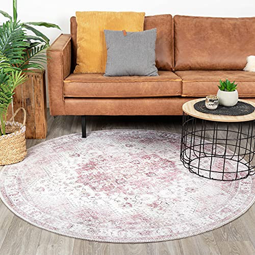 FRAAI Teppich Vintage Rund - Lago Rot Rosa Ø 200cm - Baumwolle, Polyester - Flachgewebe - Vintage - Orientalisch - Wohnzimmer, Esszimmer, Schlafzimmer - Rug