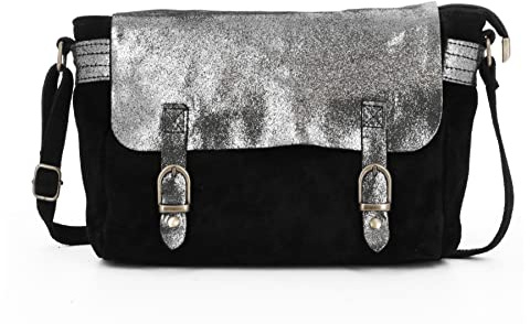 Double Tree Sac Bandoulière Pailletté Irisé En Cuir Véritable Made In Italie - Noir