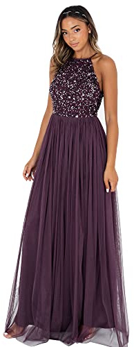 Maya Deluxe Damen Womens Ladies Bridesmaid Maxi Dress Halter Neck Sequin Embellished Prom Graduation Wedding Brautjungfernkleid, Berry, 48 EU
