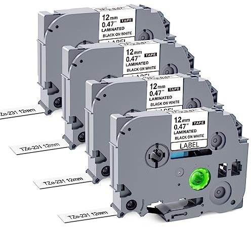 4X TITBIT Schriftband Kompatibel mit TZe-231 Brother P-touch Bänder 12mm 0.47 für Brother Beschriftungsgerät Ptouch 1010 H100LB PT-H105 H107B H108，Schwarz auf Weiß Schriftband