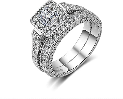Vintage Fashion Women's 925 Sterling Silver Square Stone Pattern Set Ring - Cushion Cut Cubic AAA Zircon CZ Statement Engagement Wedding Ring Size 6-10 638 (10)