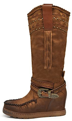 IF Fashion Scarpe Stivali Indianini Alti da Donna con Frange Zeppa 9668 Camel N.37