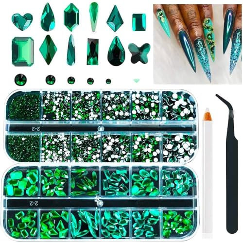 2680 Stk 3D Grüner Nagel Steine,Nagelsteine Gelnägel,Strasssteine für nägel klein set Mit Flatback Runde Bead Strass Edelstein Schmuck Diamant, Gems strasssteine für fingernägel