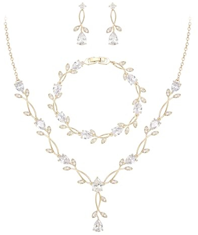 EVER FAITH Wedding Jewelry Set for Bride Bridesmaid, Gold-Plated-Brass Teardrop Cubic Zirconia Leaf Vine Bridal Prom Necklace Dangle Earrings Bracelet Sets for Women