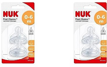 NUK First Choice+ Anti-Colic-Trinksauger Silikon, kiefergerechte NUK Form, Größe 1 (0-6 Monate) S für Tee, 2 Stück (2er Pack)