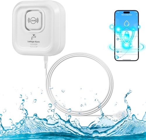 Detector de Fugas de Agua WiFi, 100dB Alarma Sensor de Agua y de Tuya App, 3 Tipos de Detección Detector Inalámbrico con Desmontable 105 cm Cable de sonda Prolongado para Casa Cocina, Baño (2,4G)