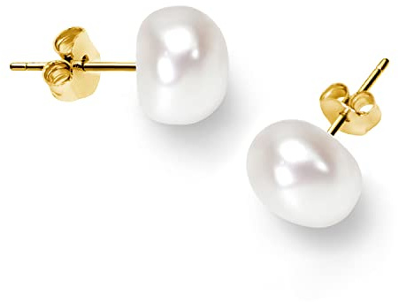BURLAP LIFE Gold Plated 925 Sterling Silver Freshwater Real Button Pearl Stud Earrings Quality Pearl Earrings for Women, White Pearl 6mm-7mm