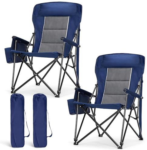 LET'S CAMP Oversized Camping Chairs 29.52 High Back Heavy Duty Lawn Chair Support 500LBS, Portable Collapsible Chair with Cup Holder, Side Pocket,2 Pack(Blue)