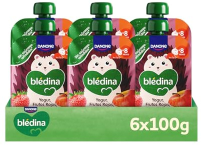 Blédina Bolsitas de Yogur, Frutos Rojos, Manzana y Platano para Bebé. Pouch de Fruta y Yogur, Sin Azúcares Añadidos y Alto Contenido en Vitamina C, Fuente de Fibra. Desde los 8 Meses, Pack 6x100g