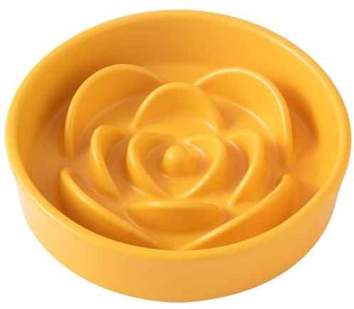 Welloyed 8.25'' Ceramic Slow Feeder Dog Bowls - Petal Shape Modern Dog Food Dish for Medium and Large Breeds, Puzzle Maze Bowl to Slow Down Eating, Anti-Gulping, Dishwasher & Microwave Safe, Yellow