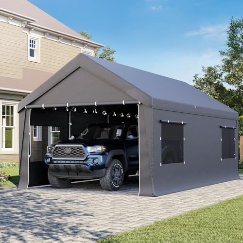 Bezseller 10x20 FT Heavy Duty Carport Canopy with Removable Sidewalls, Portable Garage Tent with Roll-Up Windows & Doors, Car Port with All-Season Tarp for Cars, Boats, Trucks, Gray