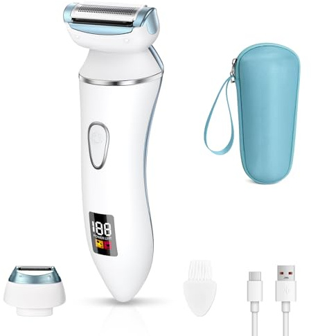 Ruycllo Rasoio Elettrico Donna 2 in 1, Rasoio Intimo Donna e Trimmer Bikini IPX7 Impermeabile, Trimmer Intima con Display LED per Gambe, Ascelle e Zona Intima con Custodia da Viaggio