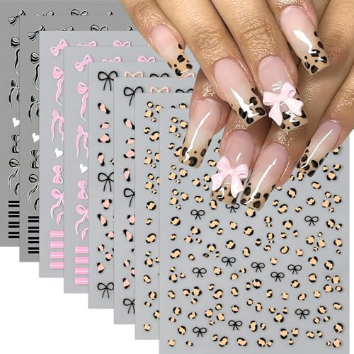 Tazuxetuqe 8 stycken leopardtryck nagelkonst klistermärken 3D självhäftande svart rosa rosett fransk linje nageldesign tillbehör söt liten rosett nagel