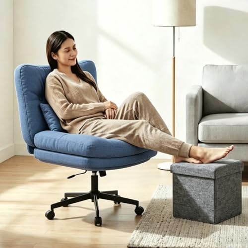 Submi Silla Escritorio Ajustable en Altura Silla Oficina Ergonómica con Ruedas, Silla Tocador con Taburete de Almacenamiento, Silla Giratoria con cojín Grueso para Oficina, Estudio, Azul