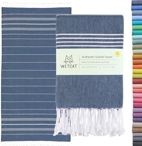 WETCAT Turkish Beach Towel Oversized (38x71) 100% Turkish Cotton, Made in Turkey - Sand Free, Extra Large, Ultra Soft, Quick Drying, Compact & Lightweight for Travel - Dark Blue