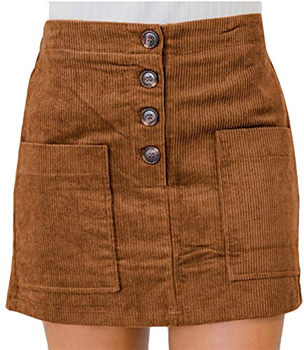 Susupeng Women High Waist Soft Faux Suede Button Down Skirt Slim Back Zip Side Pocket Mini Skirts (Small, Corduroy Brown)