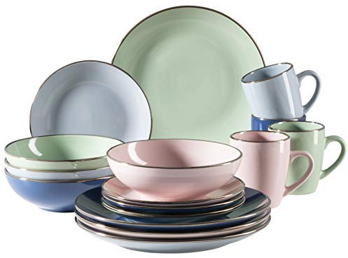 MÄSER 931870 Metallic Rim, Modernes Geschirr Set für 4 Personen mit messingfarbenem Rand, 16-teiliges Kombiservice mit randlosen Coupe-Formen, bunt, Steinzeug, pastell'n'blue