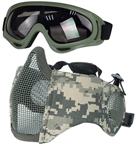 Hodeacc Airsoft Mask and Goggles Set,Half Face Metal Mesh Mask with Ear Protection,Anti UV Airsoft Glasses Eye Protection for Outdoor Hunting CS Game (ACU Mask)