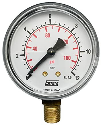 Manometro per Aria Compressa Doppia Scala 0-12 bar 0-170 psi Attacco Radiale e Assiale Posteriore (Attacco Radiale (Anteriore))