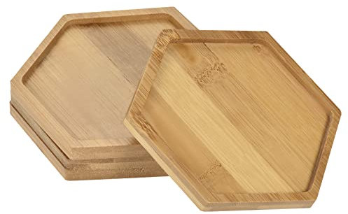 PATIKIL Plant Pot Saucer, 4 Pack 4.7x4 Inch Bamboo Hexagonal Flower Drip Tray for Indoors