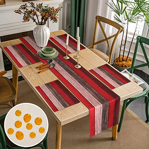 Runner Tavolo Moderno E Tovagliette Lavabili Set di 4 Rosso Marrone Strisce Legno Colorato Runner da Tavolo Impermeabile Poliestere Tovaglietta Runner Tavola per Giardino Picnic Feste 40x140 45x32cm