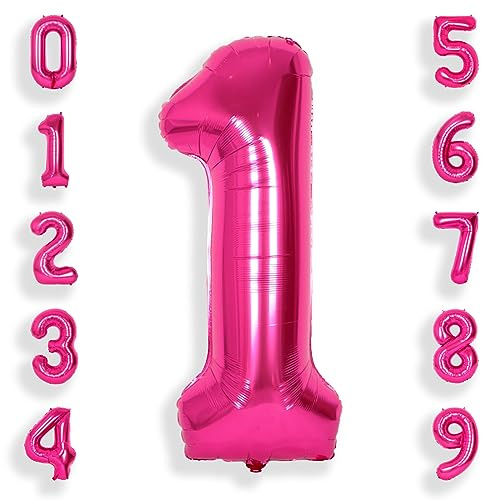 SUWEN 40 Inch Hot Pink Large 1 Balloon Numbers Big Foil Helium Number Balloons 0-9 Jumbo Happy 1st Mylar Birthday Party Decorations Anniversary Party Supplies