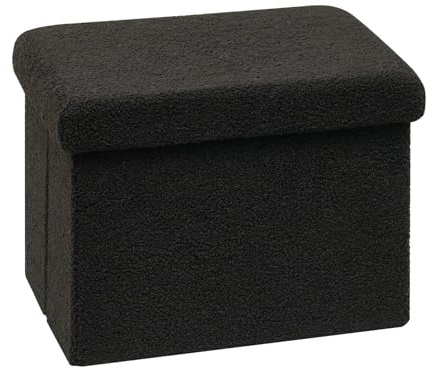 Bonlife Ottoman Seat with Storage, Folding Foot Stool with Chest Box, 42cm | Rectangle Ottoman Stool, 36L, Small Footstool for Living Room, Bedroom, Foot Rest, Sherpa Fabric, Black, 42x32x32cm