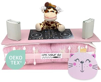 myBambini ® Torta di pannolini Banco Deejay [ Musicista & Deejays attenzione ] – Regalo di nascita – Peluche – Regalo per il bambino – Panno per sputare - Regalo di pannolini (rosa/ragazza)
