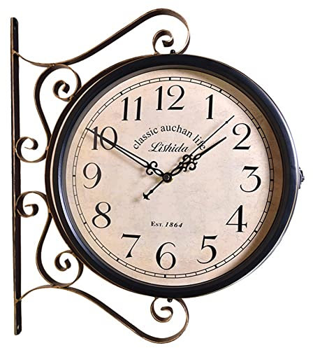 Antik Retro Bahnhofsuhr Metall im Freien doppelseitige Uhr, Vintage Indoor-Außenwanduhr, Wandmontage Retro Central Station, for Terrasse, Garage, Außenbereich Antique Look Bahnhofsuhr Wanduhr Doppelse