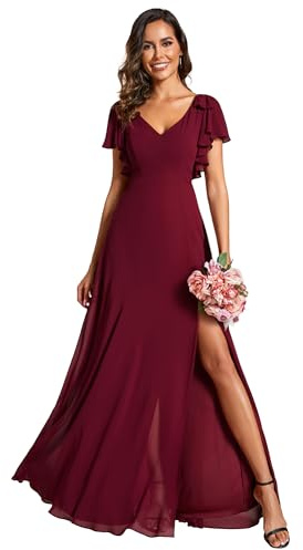 Ever-Pretty Abiti da Damigella d'Onore Arco Maniche Corte Scollo A V Stile Impero Spacco Abiti da Sposa Borgogna 40