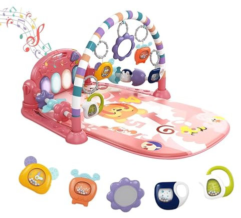 derimkcoa Baby Play Mat Baby Gym,Funny Play Piano Tummy Time Baby Activity Mat with 5 Infant Sensory Baby Toys, Music and Lights Boy & Girl Gifts for Newborn Baby 0 to 3 6 9 12 Months (Pink Tiger)